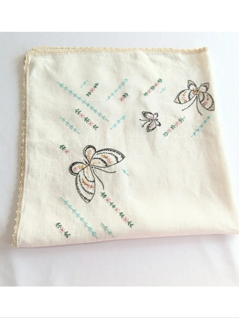 Vintage Handmade Table Covered w Embroidered Butterflies & Flowers 33